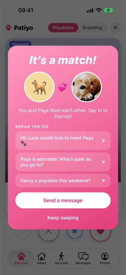 Match screen with ready-made first messages
